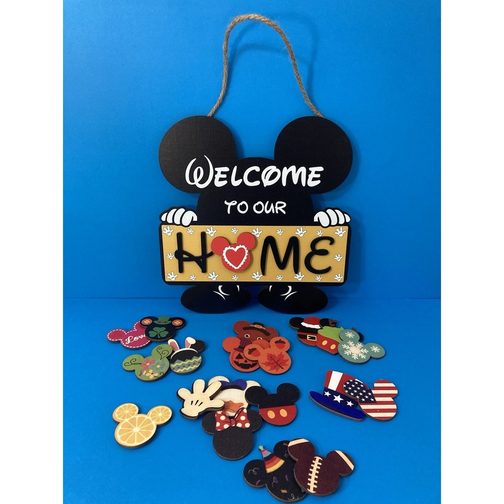 Mickey Mouse Wooden Wall Hanging Welcome To Our Home 20 Interchangeable Holiday